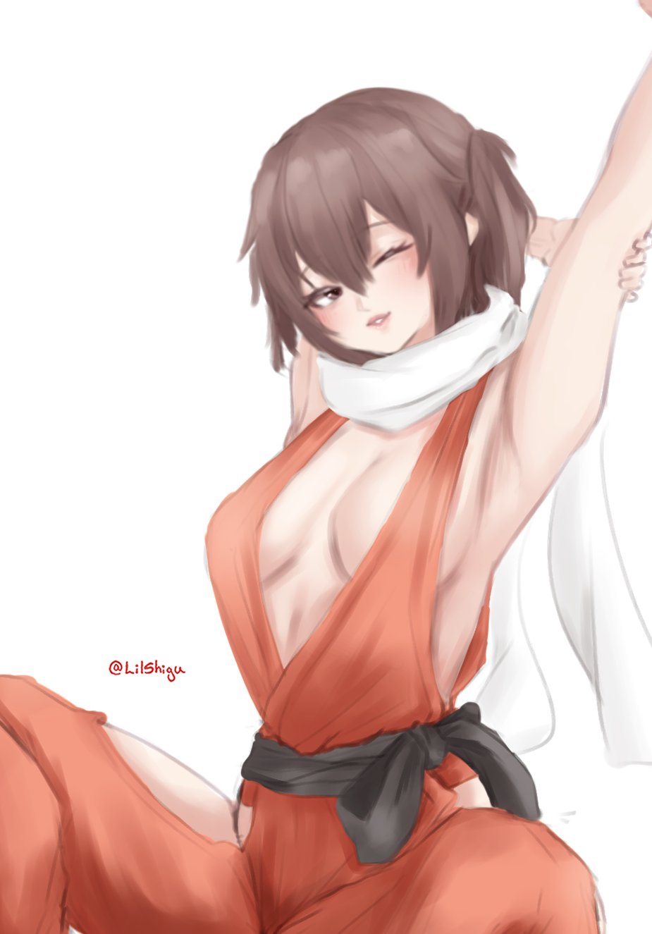 1girl alternate_costume black_hair breasts dougi highres kantai_collection karate_gi lilshigu medium_breasts one-hour_drawing_challenge one_eye_closed orange_pants pants scarf sendai_(kancolle) short_hair simple_background solo stretching twitter_username two_side_up white_background white_scarf