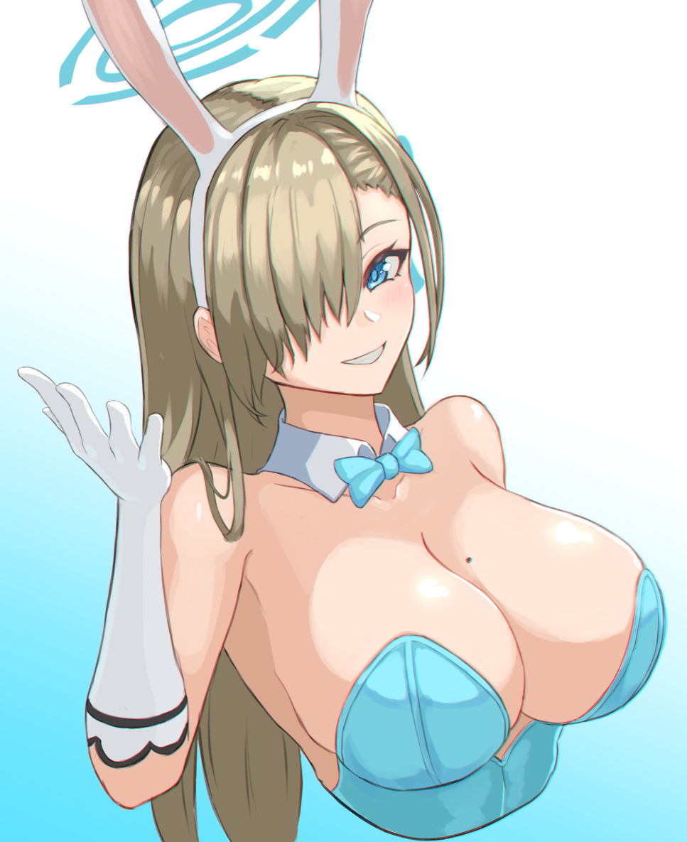 animal_ears asuna_(blue_archive) asuna_(bunny)_(blue_archive) asymmetrical_bangs bare_shoulders blonde_hair blue_archive blue_eyes blue_leotard blue_neckwear bow bowtie breasts cleavage collarbone commentary cropped_torso detached_collar elbow_gloves fake_animal_ears gloves grin hair_over_one_eye halo hand_up large_breasts leotard light_brown_hair looking_at_viewer mole mole_on_breast moppo open_hand playboy_bunny rabbit_ears reaching reaching_towards_viewer shrugging smile traditional_bowtie white_gloves