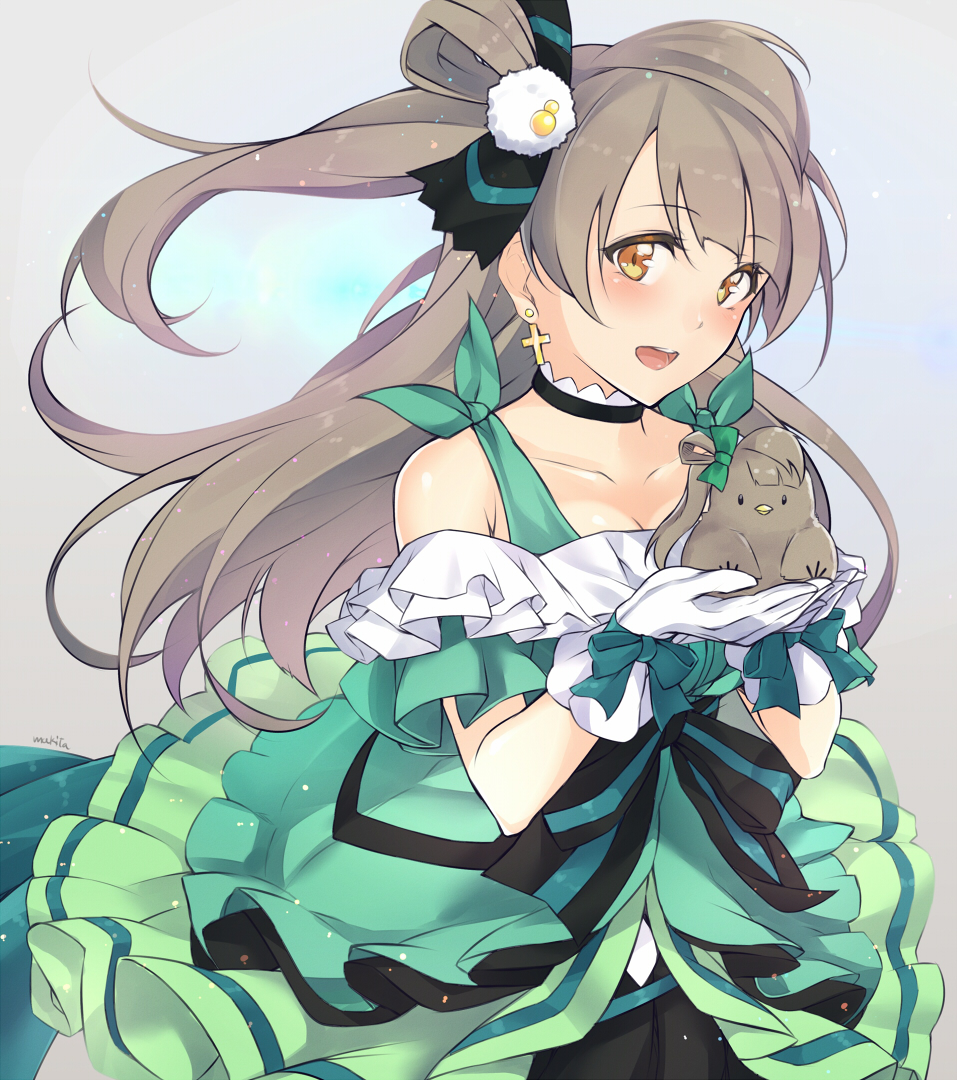 10s 1girl bare_shoulders bird breasts brown_eyes brown_hair choker cleavage collarbone dress earrings female_focus gradient_background green_dress hair_ribbon jewelry long_hair looking_at_viewer love_live! love_live!_school_idol_festival love_live!_school_idol_project makita_(twosidegekilove) minami_kotori minami_kotori_(bird) one_side_up open_mouth ribbon smile solo stuffed_toy very_long_hair