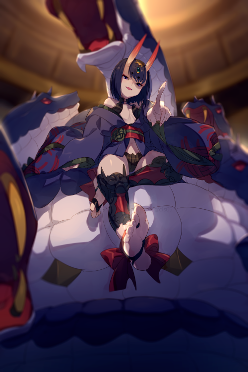 1girl :d animal bare_shoulders commentary_request echo_(circa) eyeliner fate/grand_order fate_(series) foot_focus hair_ornament hikimayu horns japanese_clothes kimono looking_at_viewer makeup oni open_mouth pointing purple_hair sash shuten_douji_(fate) sitting skin-covered_horns smile snake solo thighhighs