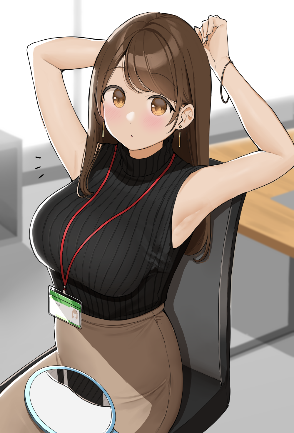 1girl :o armpits arms_up black_shirt blurry blurry_background breasts brown_eyes brown_hair brown_skirt chair commentary_request dot_nose earrings hand_mirror high-waist_skirt highres id_card indoors jewelry lanyard large_breasts light_blush long_hair looking_at_viewer mirror notice_lines office office_chair office_lady ol-chan_(ol_mahonanoka) ol_mahonanoka on_chair original parted_lips pencil_skirt ribbed_shirt shade shirt shirt_tucked_in sitting skirt sleeveless sleeveless_shirt solo swept_bangs swivel_chair