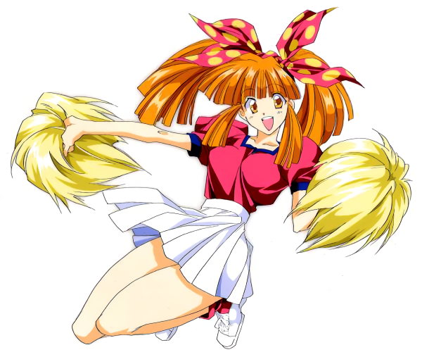 1990s_(style) 1girl asuka_120_percent full_body long_hair open_mouth orange_eyes orange_hair pleated_skirt pom_pom_(cheerleading) puffy_sleeves retro_artstyle shoes short_sleeves simple_background skirt sneakers solo suzuki_megumi twintails white_background white_footwear white_skirt