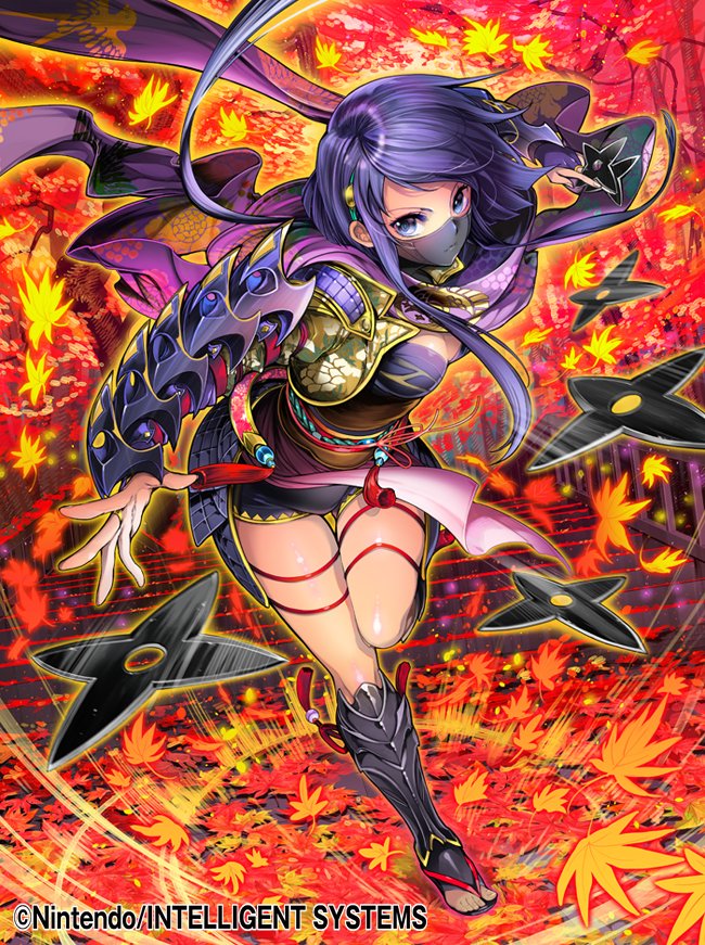 1girl armor bad_id bad_twitter_id blue_eyes blue_hair breasts cleavage company_connection copyright_name female_focus fire_emblem fire_emblem_cipher full_body holding holding_weapon japanese_clothes leaf looking_at_viewer mask matching_hair/eyes ninja nintendo outdoors sandals scarf short_hair shorts shoulder_armor shuriken solo toeless_legwear toes toyota_saori weapon yuzu_(fire_emblem)