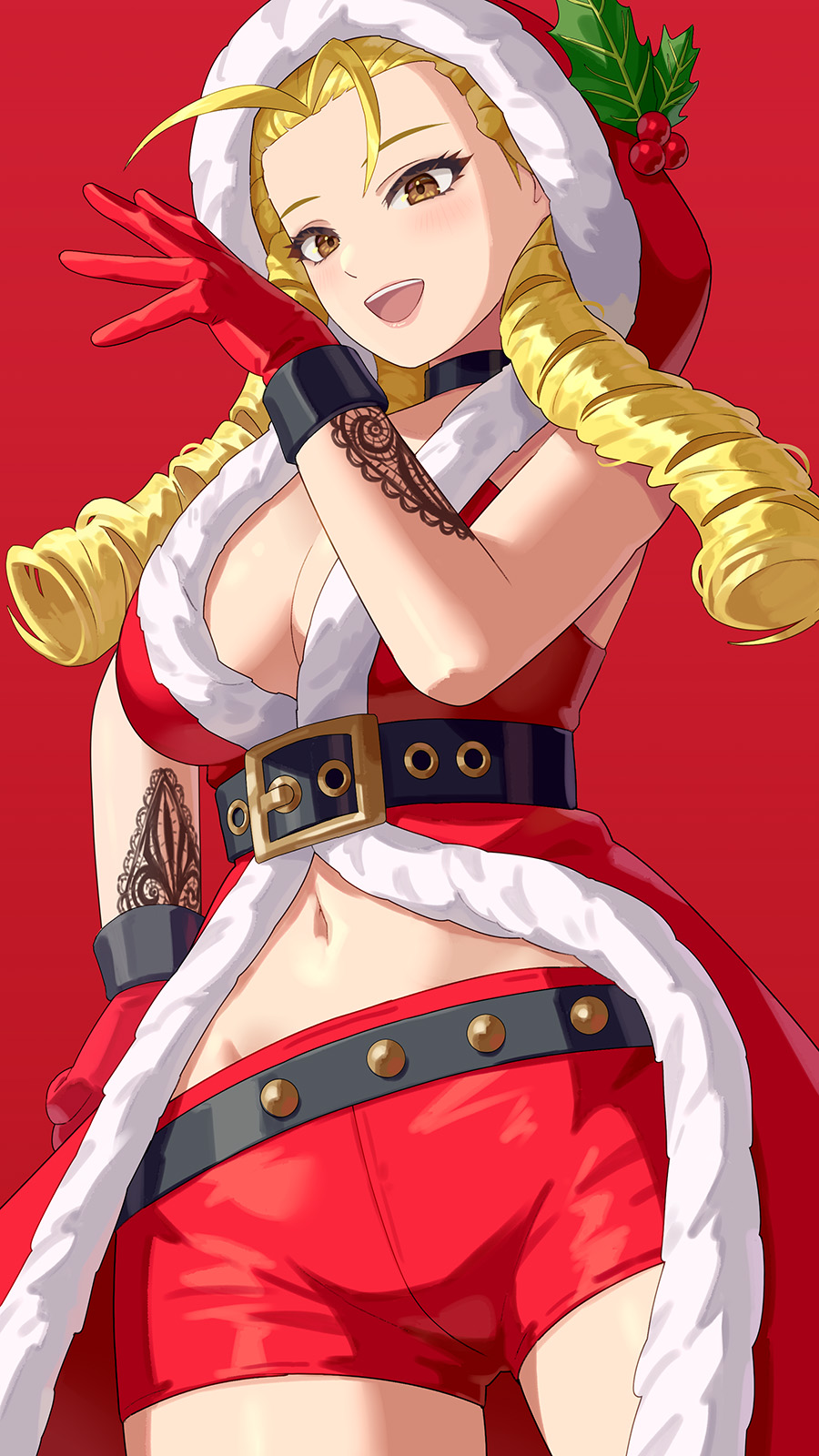 1girl blonde_hair breasts christmas cleavage crop_top gloves highres hood kanzuki_karin large_breasts long_hair red_background santa_costume shorts sleeveless street_fighter tattoo yagi2013 yellow_eyes