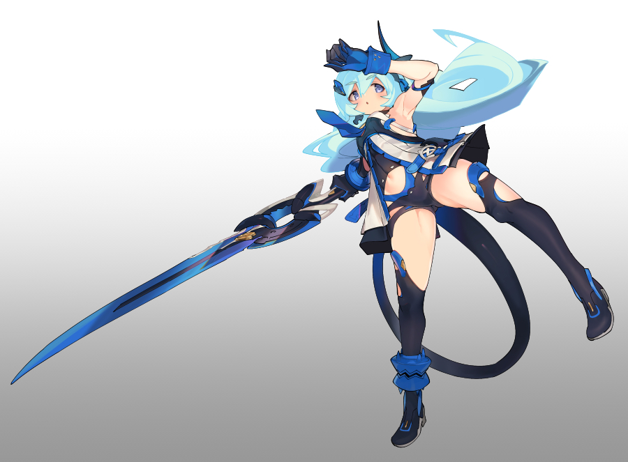 1girl aqua_hair asymmetrical_horns backless_outfit bare_shoulders black_gloves blade breasts gloves high_heels honkai_(series) honkai_impact_3rd horns liliya_olenyeva long_hair mechanical_tail naoya_come prehensile_tail purple_eyes small_breasts solo tail thighhighs uneven_horns very_long_hair