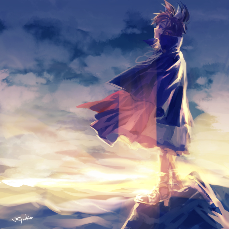 1girl brown_hair cape cloud cloudy_sky earmuffs female_focus kayako_(tdxxxk) looking_away mountain purple_eyes sandals short_hair sky solo touhou toyosatomimi_no_miko twilight