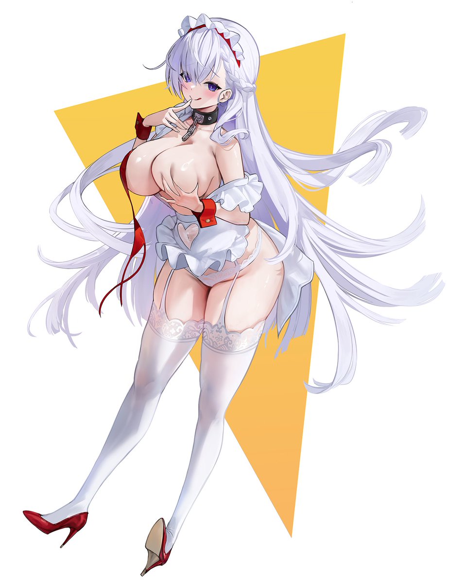 1girl :q apron azur_lane bare_shoulders belfast_(azur_lane) belfast_(blissful_service)_(azur_lane) bikini blue_eyes blush breasts commentary frilled_apron frills full_body grabbing_own_breast grey_hair high_heels highres laevan large_breasts long_hair looking_at_viewer maid_headdress official_alternate_costume red_bikini red_footwear red_wristband single_off_shoulder solo swimsuit symbol-only_commentary thighhighs tongue tongue_out untied_bikini_top waist_apron white_apron white_background white_headdress white_thighhighs