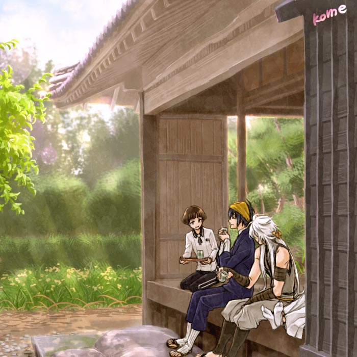 10s 4boys animal_ears architecture bandana bishounen black_hair bow brown_eyes brown_hair cup east_asian_architecture closed_eyes fox_ears hair_bow hirano_toushirou kogitsunemaru long_hair male_focus mikazuki_munechika multiple_boys sandals seiza sitting smile sunlight sunomata tabi touken_ranbu tray tree tsurumaru_kuninaga very_long_hair white_hair yunomi