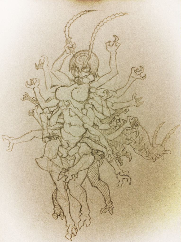 1girl antennae arthropod_girl breasts extra_arms female_focus heart heart_hands kanemaki_thomas large_breasts monochrome monster_girl nipples no_pupils original solo traditional_media