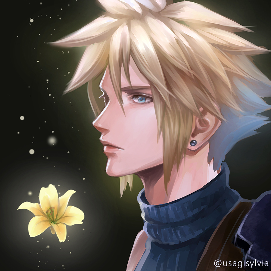 1boy armor black_background blonde_hair blue_eyes blue_shirt cloud_strife earrings final_fantasy final_fantasy_vii final_fantasy_vii_remake flower jewelry lily_(flower) shirt shoulder_armor solo spiked_hair square_enix sylvia_m turtleneck yellow_flower