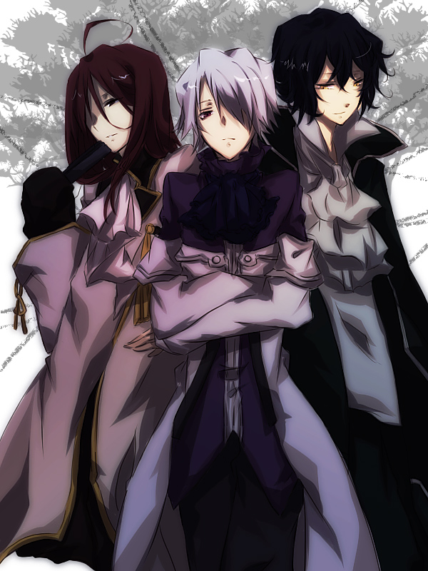 00s 3boys black_hair coat formal_clothes gilbert_nightray grey_eyes hair_over_one_eye male_focus multiple_boys pandora_hearts red_eyes rufus_barma short_hair silver_hair sotsunaku trench_coat xerxes_break yellow_eyes