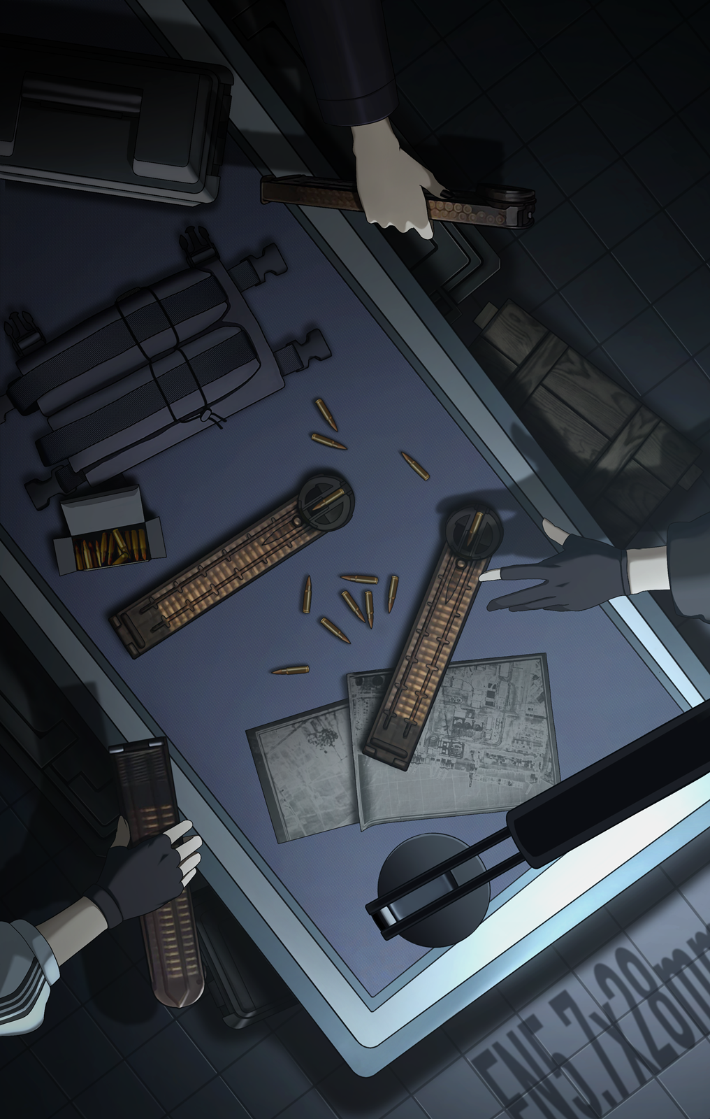 3girls ammunition ammunition_box ar-57_(girls&#039;_frontline) bullet cero_(last2stage) fingerless_gloves fn_5.7x28mm fn_herstal girls&#039;_frontline gloves gun handgun_cartridge high-capacity_magazine highres holding holding_magazine_(weapon) horizontal_magazine lamp magazine_(weapon) map multiple_girls out_of_frame p50_(girls&#039;_frontline) p90_(girls&#039;_frontline) pdw_cartridge pistol_cartridge shell_casing table weapon