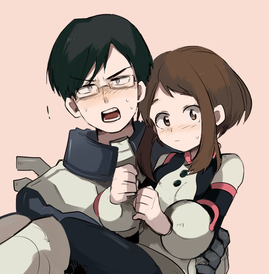 10s 1boy 1girl bad_id bad_pixiv_id blush bodysuit boku_no_hero_academia brown_eyes brown_hair carrying iida_tenya princess_carry shina_000 short_hair uraraka_ochako uraraka_ochako_(hero_outfit)