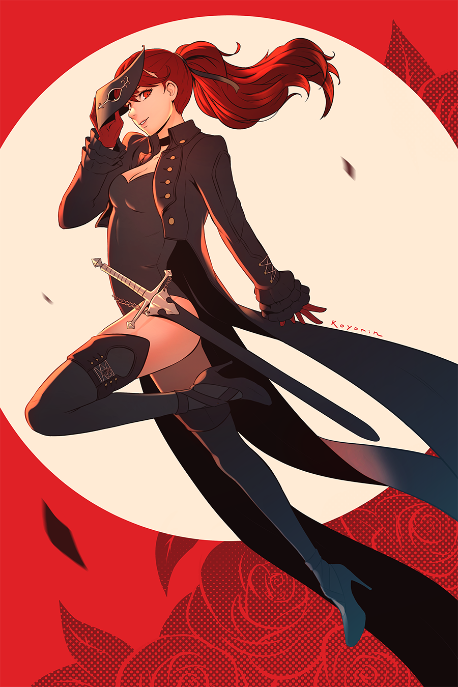 1girl artist_name black_choker black_leotard black_mask choker circle eye_mask floral_background flower gloves hair_ribbon high_heels highres holding holding_mask jumping koyorin leotard looking_at_viewer mask persona persona_5 persona_5_the_royal ponytail rapier red_background red_eyes red_flower red_gloves red_hair red_rose ribbon rose rose_background sheath sheathed solo sword thighhighs weapon yoshizawa_kasumi