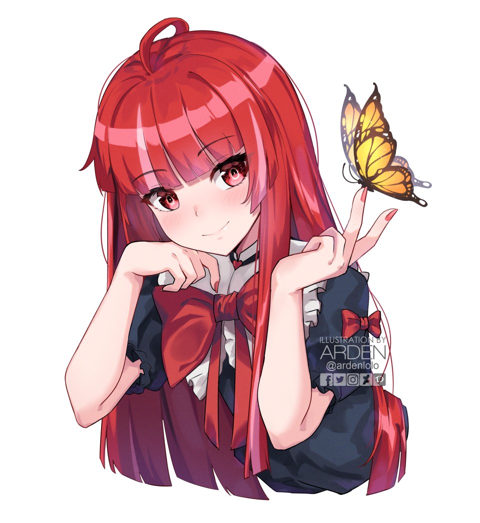 1girl ahoge ardenlolo artist_name black_dress blush bow bug butterfly choker dress frilled_shirt_collar frills head_on_hand heart heart_choker hololive hololive_indonesia insect kureiji_ollie looking_at_viewer multicolored_hair olivia_(kureiji_ollie) orange_butterfly pink_hair red_bow red_eyes red_hair solo streaked_hair twitter_logo twitter_username two-tone_hair virtual_youtuber watermark white_background yellow_butterfly