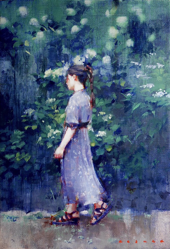 black_hair blue_dress bush dress flower kazuho_iwamoto long_hair original path plant ponytail road sandals scenery shadow short_sleeves white_flower