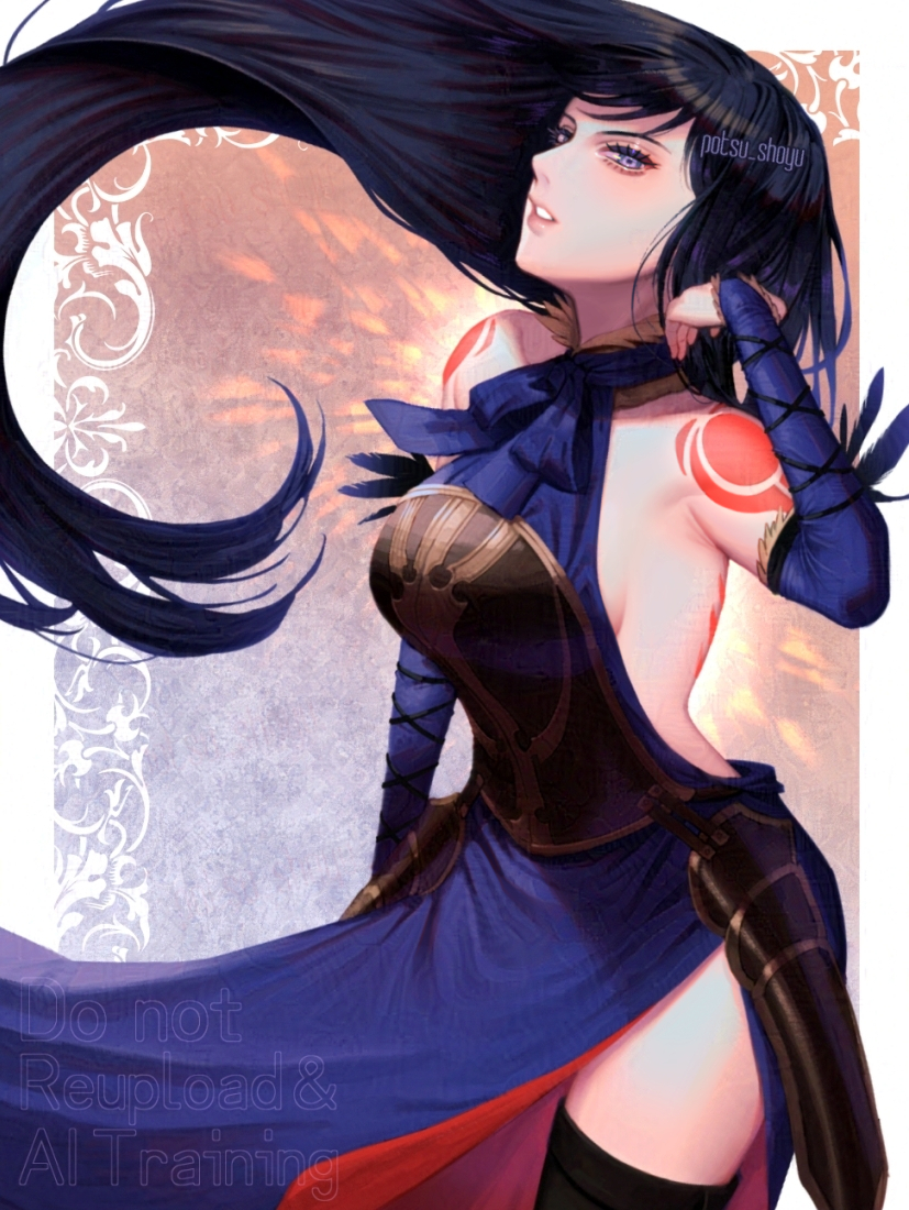 1girl backless_dress backless_outfit black_hair blue_eyes breasts castlevania:_order_of_ecclesia castlevania_(series) dress konami long_hair shanoa_(castlevania) sideboob skirt solo thighhighs