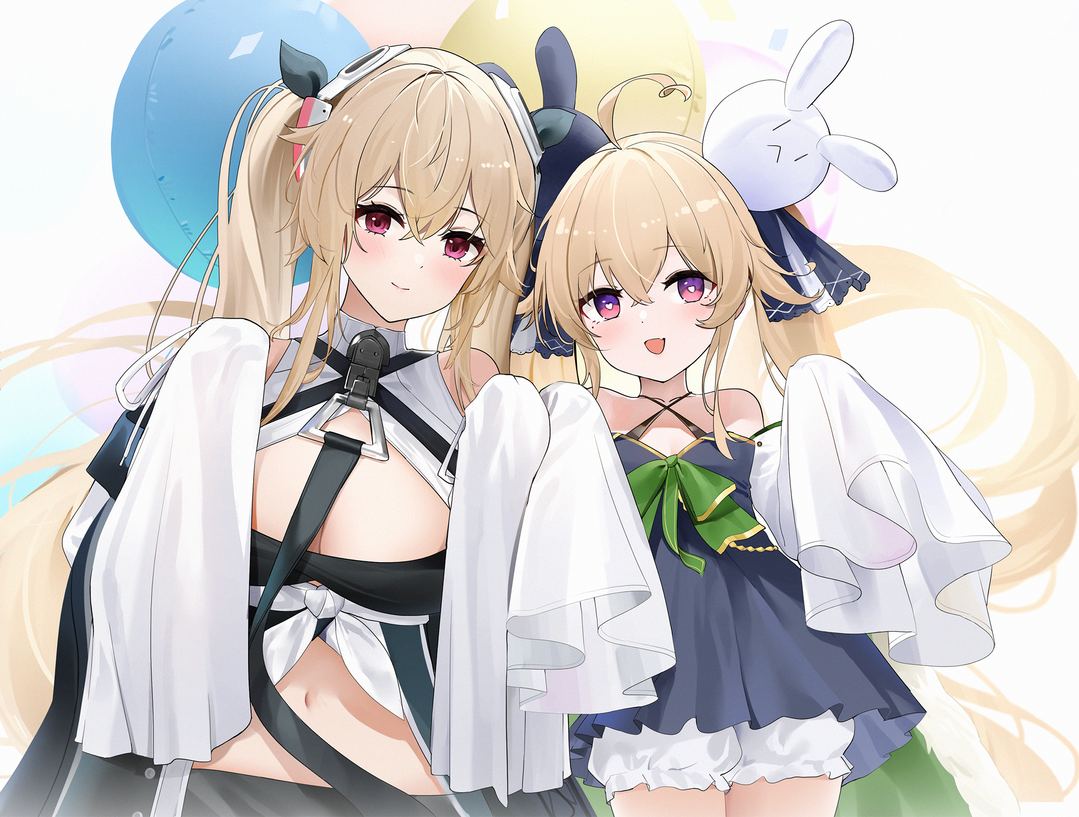 qing wu, anchorage (azur lane), attilio regolo (azur lane), azur lane, highres, 2girls, d, ahoge, bare shoulders, bloomers, bow, breasts, cleavage, criss-cross halter, fang, green bow, halterneck, heart, heart-shaped pupils, large breasts, pic