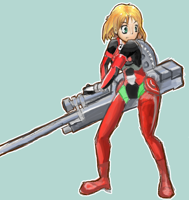 1girl assault_rifle blonde_hair blue_eyes bodysuit boots capcom frown full_body gun omokane_saki quiz_nanairo_dreams rifle solo tatsunoko_vs_capcom weapon