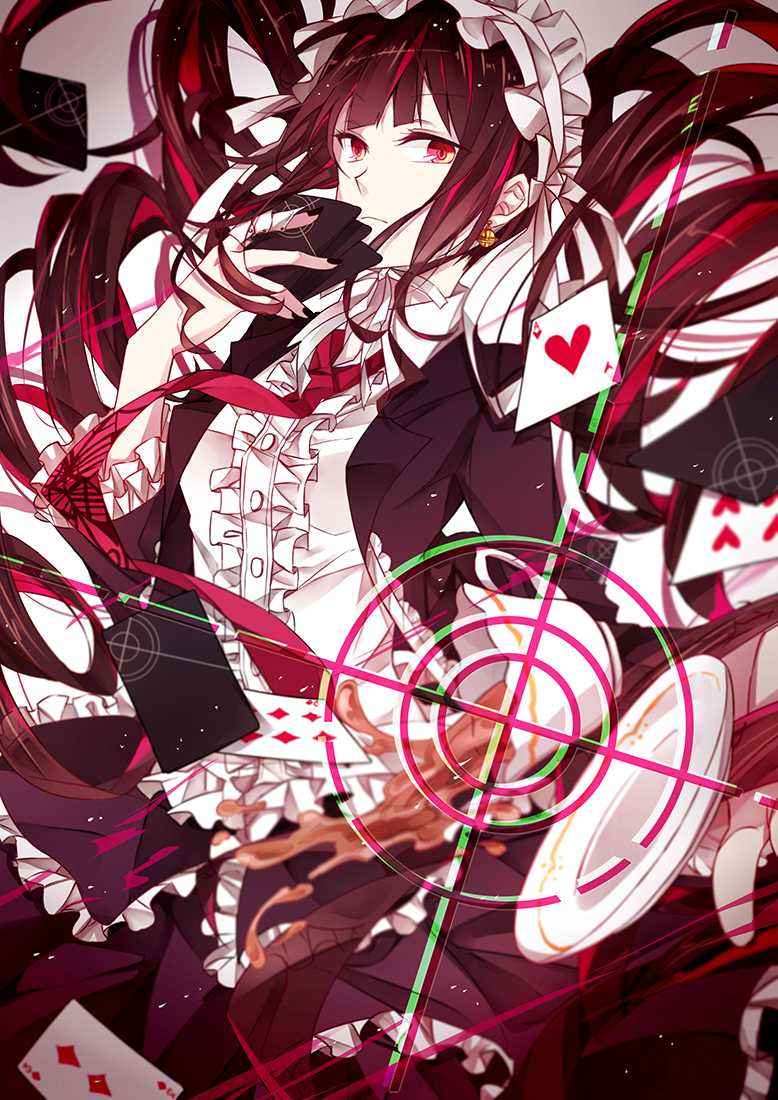 10s 1girl black_hair black_nails blurry bonnet card celestia_ludenberg claw_ring crosshair cup danganronpa:_trigger_happy_havoc danganronpa_(series) depth_of_field drill_hair female_focus flywinga7 frills gothic_lolita hairband lolita_fashion lolita_hairband long_hair nail_polish necktie pantyhose playing_card solo teacup twin_drills twintails