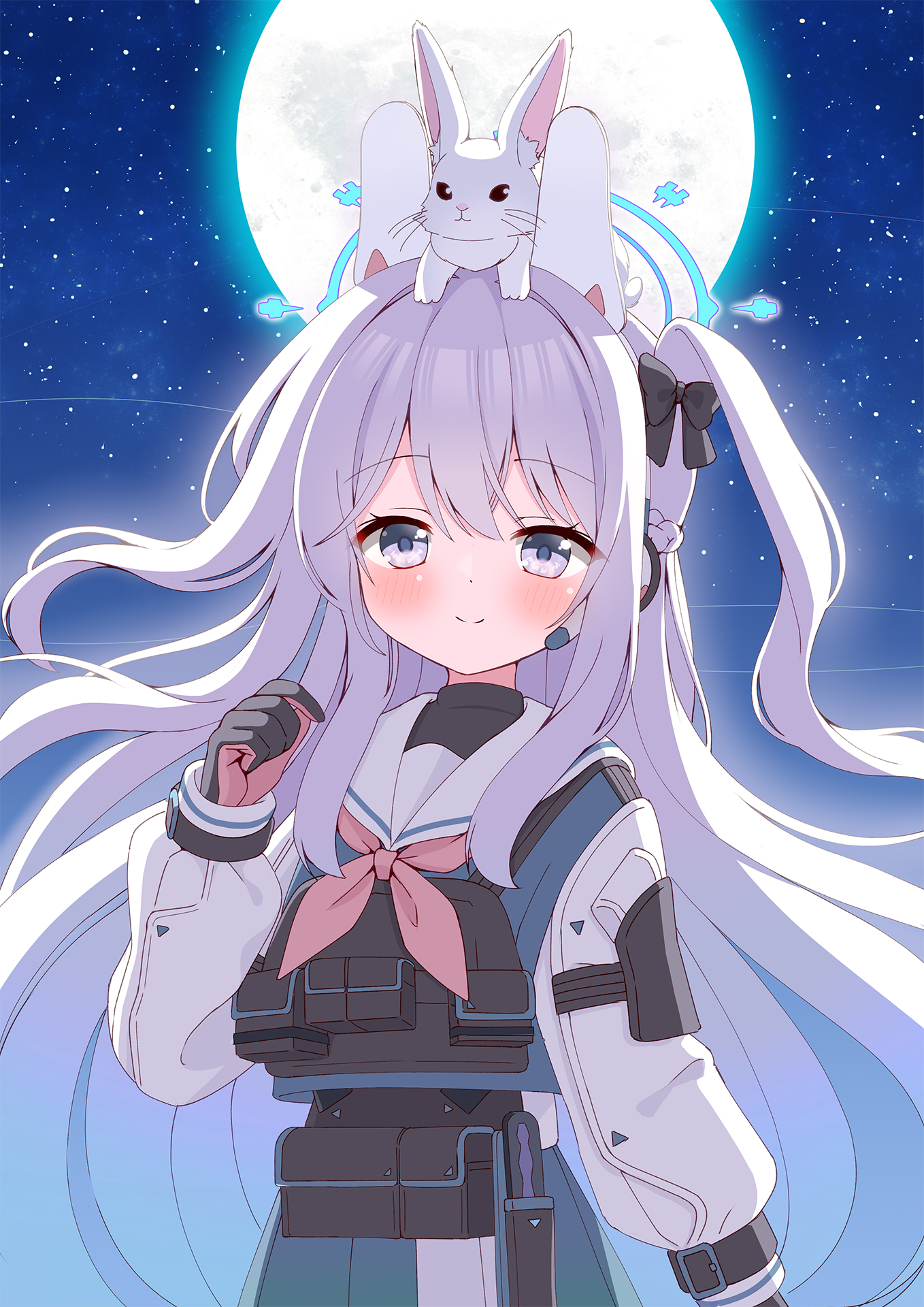 azel (laevateinn495), miyako (blue archive), blue archive, highres, 1girl,  animal, animal on head, blue halo, blue skirt, blush, braid, closed mouth,  earpiece, full moon, grey hair, hair between eyes, halo, long hair,