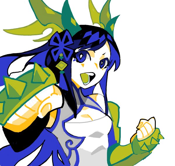 1girl blue_eyes blue_hair brass_knuckles center_opening china_dress chinese_clothes clenched_hands colored_tongue dress eda green_tongue long_hair looking_at_viewer original simple_background solo upper_body weapon white_background