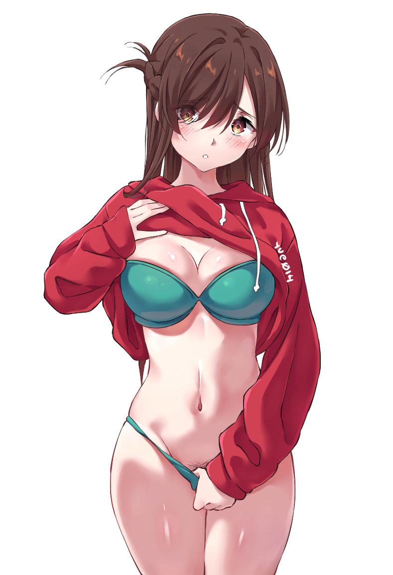 bad_id bad_pixiv_id blush bra braid breasts brown_eyes brown_hair drawstring female_pubic_hair green_bra green_panties hood hoodie kanojo_okarishimasu lifting_own_clothes long_hair long_sleeves medium_breasts midriff mizuhara_chizuru narrow_waist open_mouth panties pixiv_username pubic_hair pulling_own_clothes red_hoodie side_braid underwear white_background wide_hips yue014