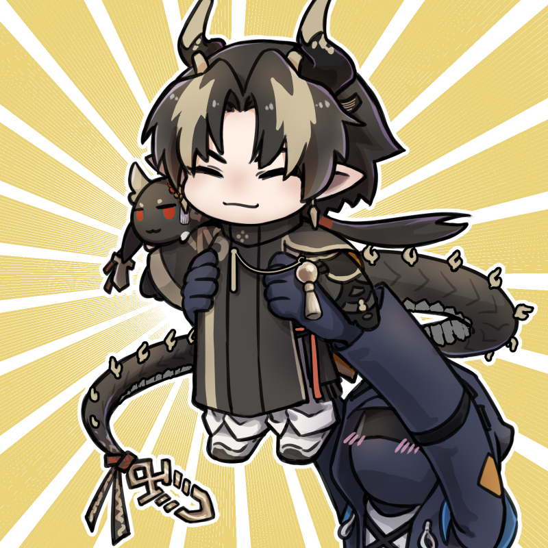 1boy 1other :3 ambiguous_gender arknights armpit_carry black_coat blonde_hair brown_hair carrying carrying_person chibi chinese_commentary chongyue_(arknights) closed_eyes closed_mouth coat commentary_request doctor_(arknights) dragon_boy dragon_bubble_(arknights) dragon_horns dragon_tail earrings facing_another hood hood_up horns jewelry jinni light_rays long_sleeves long_tail low_ponytail multicolored_hair pointy_ears single_sleeve streaked_hair sunburst tail textless_version yellow_background