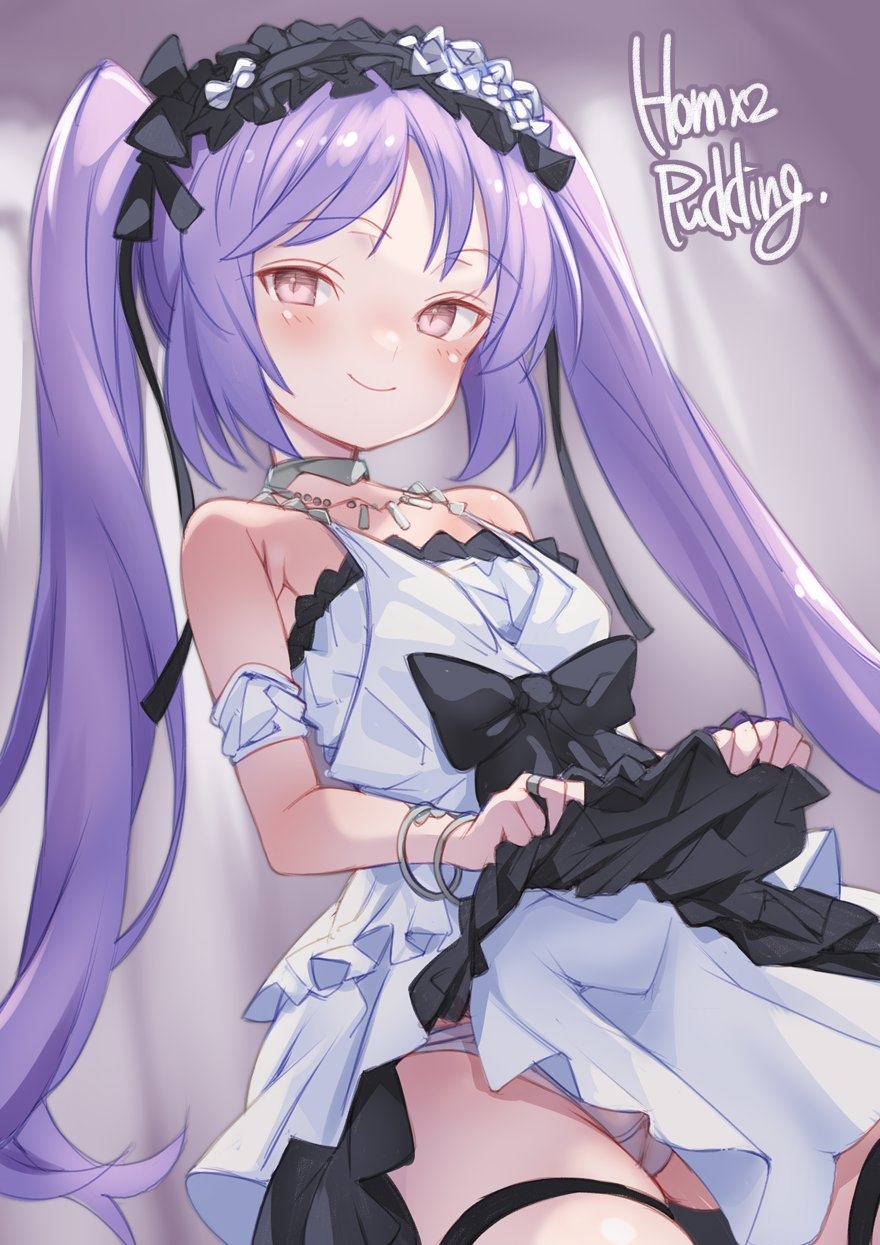 1girl bare_shoulders blush bracelet breasts collarbone dress euryale_(fate) fate/grand_order fate_(series) frilled_hairband frills hairband highres jewelry long_hair looking_at_viewer neck_ring necklace parted_bangs puddinghomhom purple_eyes purple_hair sidelocks small_breasts smile solo twintails very_long_hair white_dress