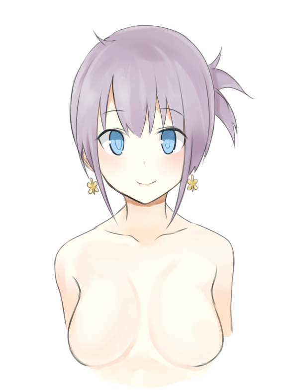 1girl blush breasts closed_mouth commentary_request copyright_request earrings folded_ponytail jewelry looking_at_viewer medium_breasts nezuko no_nipples nude purple_hair simple_background smile solo upper_body white_background