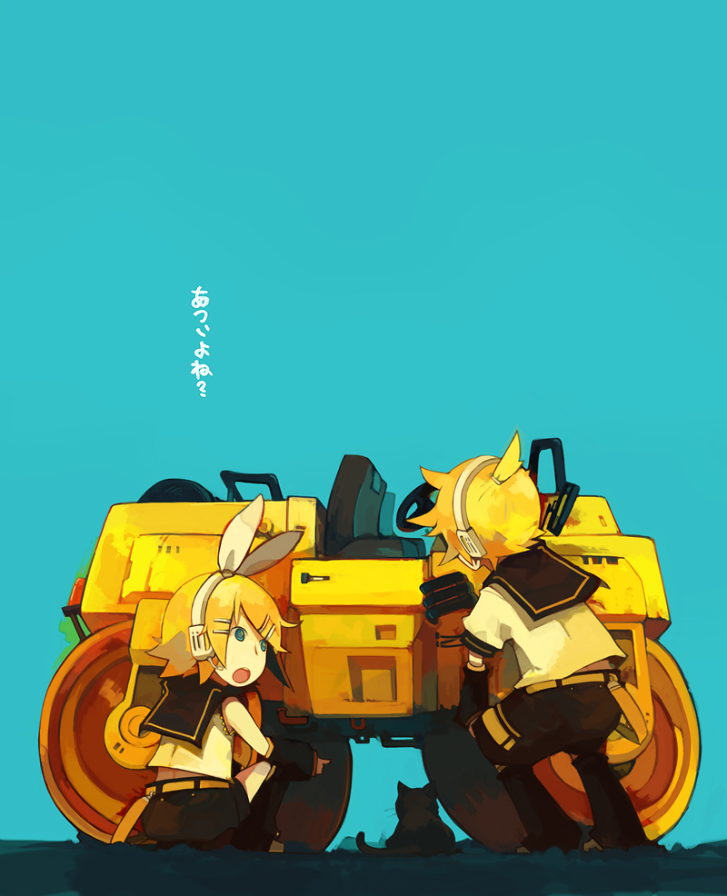 1boy 1girl blonde_hair blue_eyes brother_and_sister cat glider_(artist) guraida hair_ribbon headphones kagamine_len kagamine_rin open_mouth pointing ribbon steamroller roadroller short_hair siblings sitting steamroller translated twins vocaloid