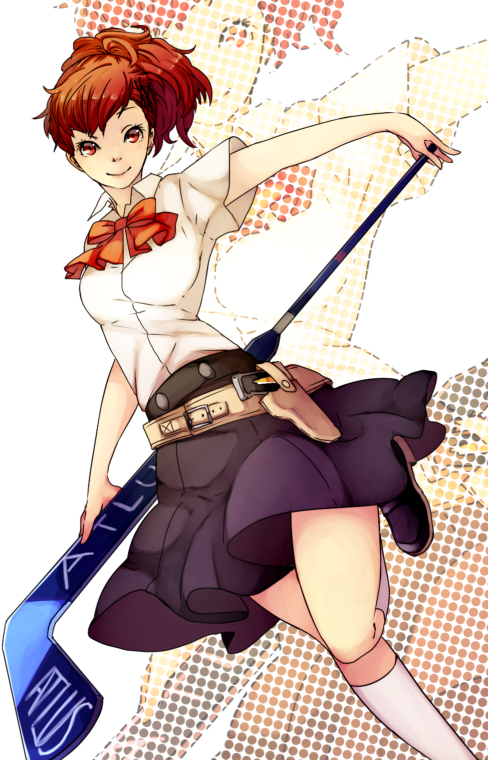 1girl ai-wa atlus bad_id bad_pixiv_id brown_hair company_name evoker female_focus gun highres hockey_stick megami_tensei persona persona_3 persona_3_portable red_eyes ribbon school_uniform shin_megami_tensei shiomi_kotone skirt smile solo weapon zoom_layer