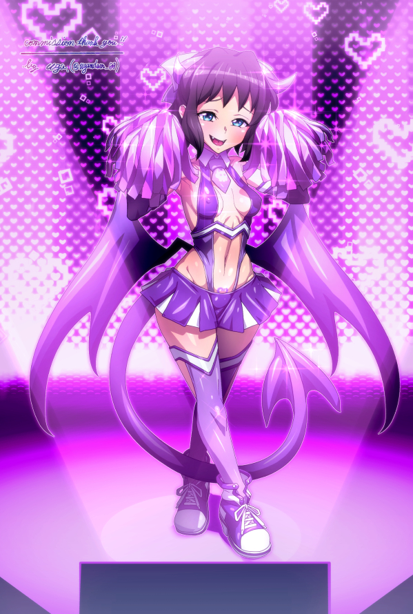 1girl armpits black_hair blue_eyes cheerleader commission covered_erect_nipples demon_girl demon_horns demon_tail demon_wings fang full_body groin heart horns kohinata_miku large_tail leotard looking_at_viewer medium_hair naughty_face navel pom_pom_(cheerleading) pubic_tattoo purple_leotard purple_shoes purple_thighhighs senki_zesshou_symphogear shoes signature sneakers solo spotlight stage stage_lights stomach tail tattoo thighhighs uganda_(ugandam_00) wings