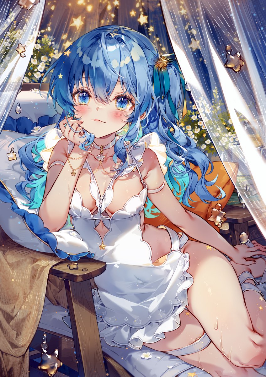 1girl armband armpit_crease blue_eyes blue_hair blush bracelet breasts camisole chair choker covered_navel curtains flower groin head_on_hand hieihirai highres hololive hoshimachi_suisei jewelry long_hair looking_at_viewer lying medium_breasts on_side pill plant potted_plant side_ponytail skindentation solo star_(symbol) star_pendant thigh_strap very_long_hair virtual_youtuber wet white_camisole white_choker