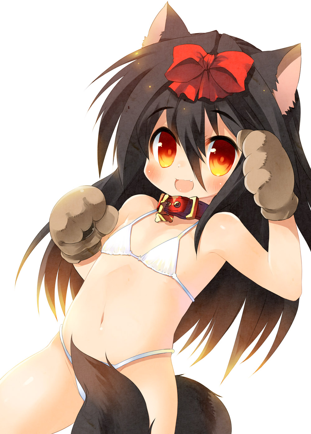 1girl animal_ears animal_hands bikini black_hair blush bow collar dog_ears dog_tail fang female_focus flat_chest gloves hair_bow highres kannagi_cocoa long_hair navel original paw_gloves red_eyes solo swimsuit tail toba_hiyoko white_bikini