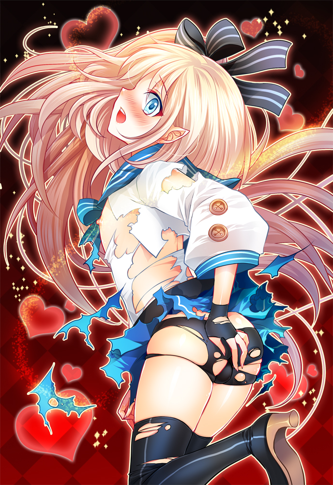 1boy ass bike_shorts blonde_hair blue_eyes blush crossdressing hair_ribbon kokutou_mimi long_hair male_focus open_mouth pointy_ears ribbon skirt solo thighhighs torn_clothes trap wardrobe_malfunction