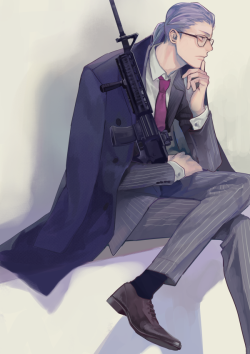 1boy formal_clothes glasses gun kuroko_no_basuke male_focus murasakibara_atsushi necktie pants purple_hair shoes sitting solo striped_clothes striped_pants suit weapon