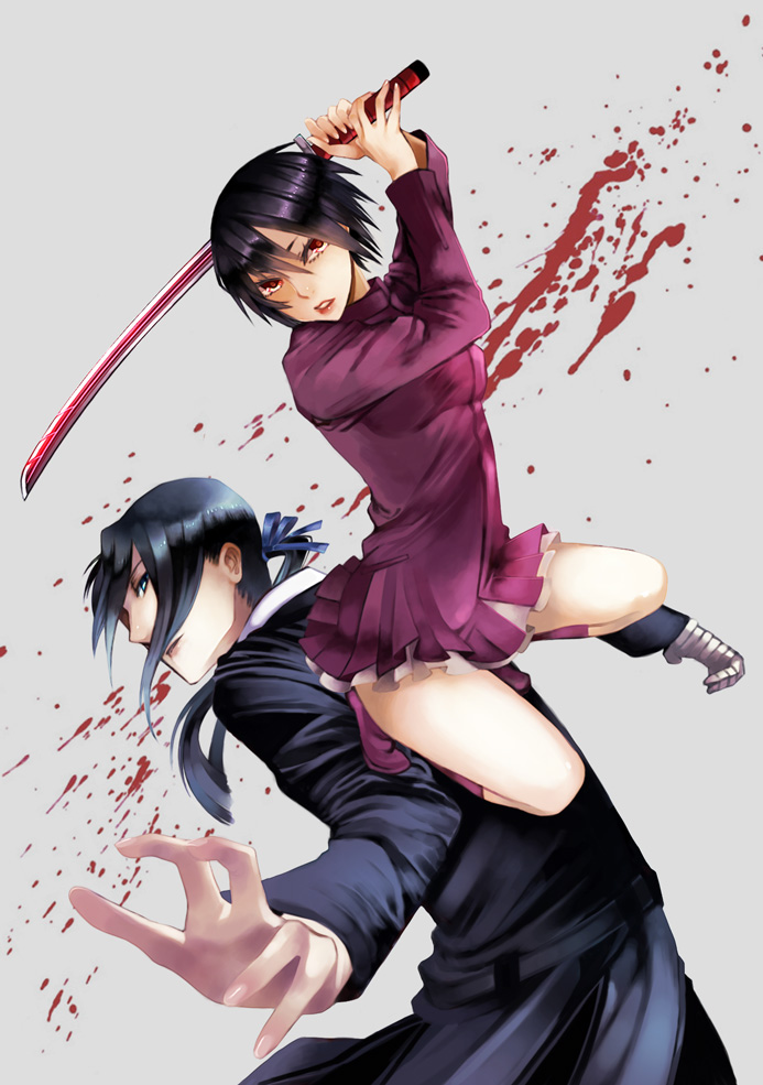 00s 1boy 1girl bad_id bad_pixiv_id black_hair blood blood+ blood_splatter blood_spray blue_eyes dress formal_clothes hagi_(blood+) jumping katana looking_back manaobi_(nocenocenoce) otonashi_saya ponytail reaching red_eyes short_hair suit sword weapon