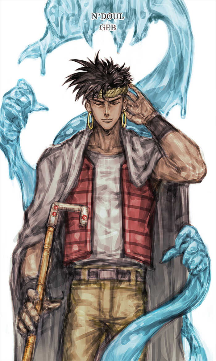 1boy black_hair cane character_name earrings gap_(pdmng) geb_(stand) headband hoop_earrings hydrokinesis jewelry jojo_no_kimyou_na_bouken n&#039;doul simple_background staff stand_(jojo) water