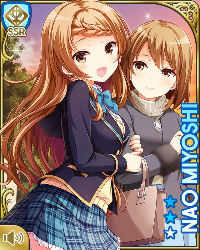 2girls blue_bow blue_jacket blue_skirt bow braid brown_eyes brown_hair card character_name closed_mouth day girlfriend_(kari) jacket long_hair miyoshi_nao mother_and_daughter multiple_girls official_art open_hand open_mouth outdoors plaid_clothes plaid_skirt qp:flapper shirt skirt smile standing sunset tagme white_shirt