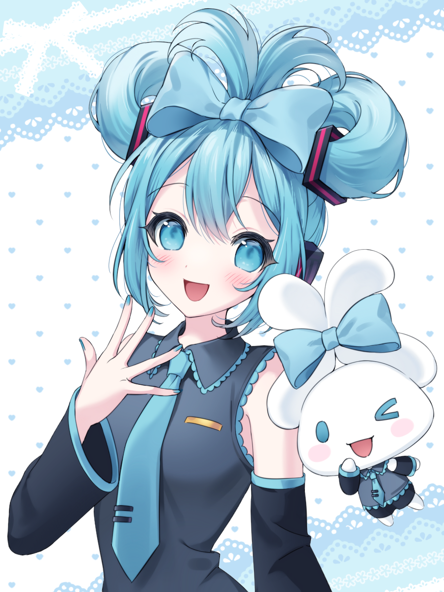 1girl aqua_eyes aqua_hair aqua_necktie bare_shoulders black_sleeves blue_bow blue_eyes blush bow cinnamiku cinnamoroll collared_shirt detached_sleeves grey_shirt hair_between_eyes hair_bow hatsune_miku highres necktie open_mouth poi1107 shirt simple_background sleeveless sleeveless_shirt smile solo tied_ears updo vocaloid