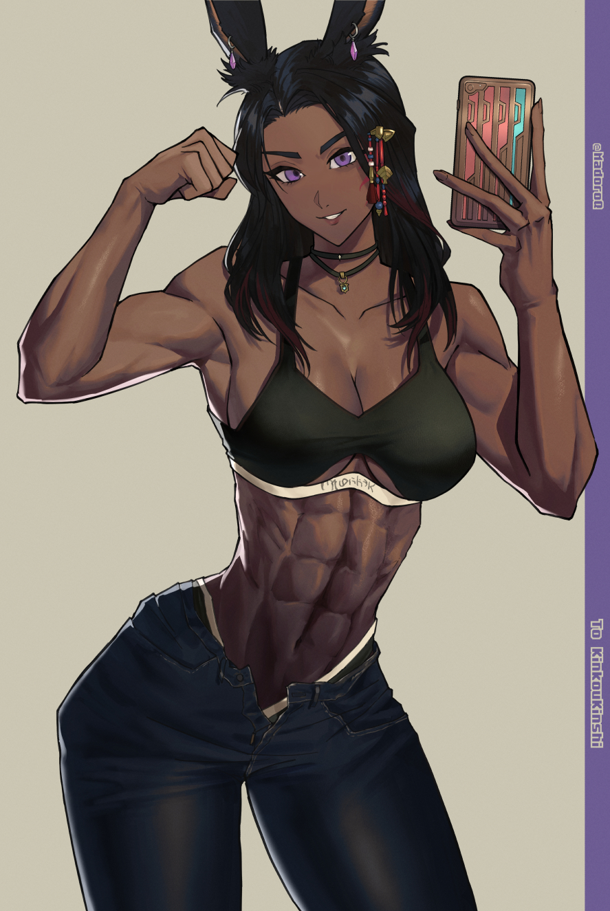 abs animal_ears artist_name black_hair commentary commission dark_skin denim english_commentary final_fantasy final_fantasy_xiv highres holding holding_phone jeans jewelry long_hair madoro_q muscular muscular_female necklace pants phone purple_eyes rabbit_ears rabbit_girl skeb_commission warrior_of_light_(ff14)