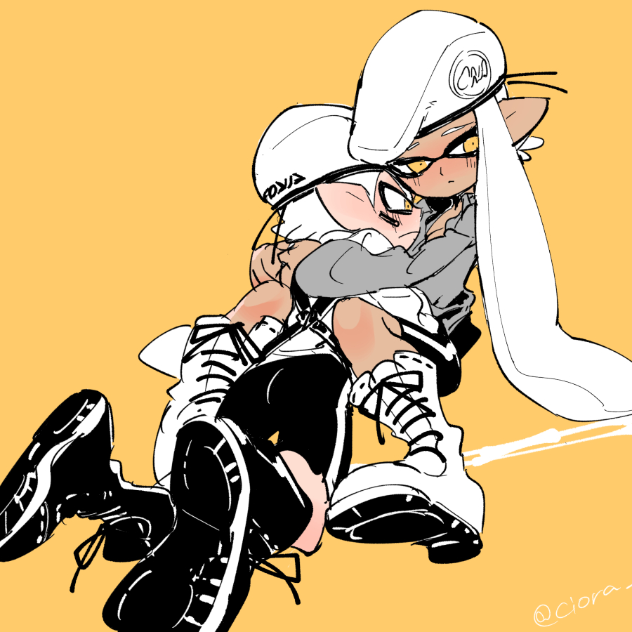 1boy 1girl army-kun_(splatoon) bike_shorts blush boots cross-laced_footwear dark_skin facepaint fangs forge-chan_(splatoon) hat hetero hug inkling inkling_boy inkling_girl inkling_player_character jacket lace-up_boots looking_down nintendo orange_background partially_colored pointy_ears serizawa_nae short_hair simple_background sitting splatoon_(manga) splatoon_(series) splatoon_1 tentacle_hair twitter_username