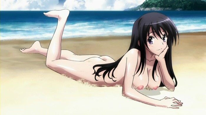 1girl ass black_hair breasts long_hair lying medium_breasts nipples nude on_stomach purple_eyes solo sonan_kyouko