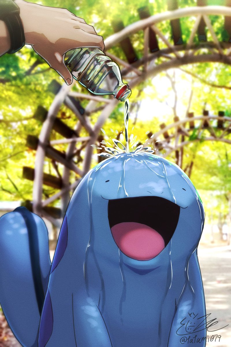 arch bottle closed_eyes creatures_(company) fingernails game_freak gen_2_pokemon happy highres nintendo pokemon pokemon_(creature) pov pov_hands quagsire signature splashing tail tatsumi_(panneko) tree twitter_username watch water water_bottle wristwatch