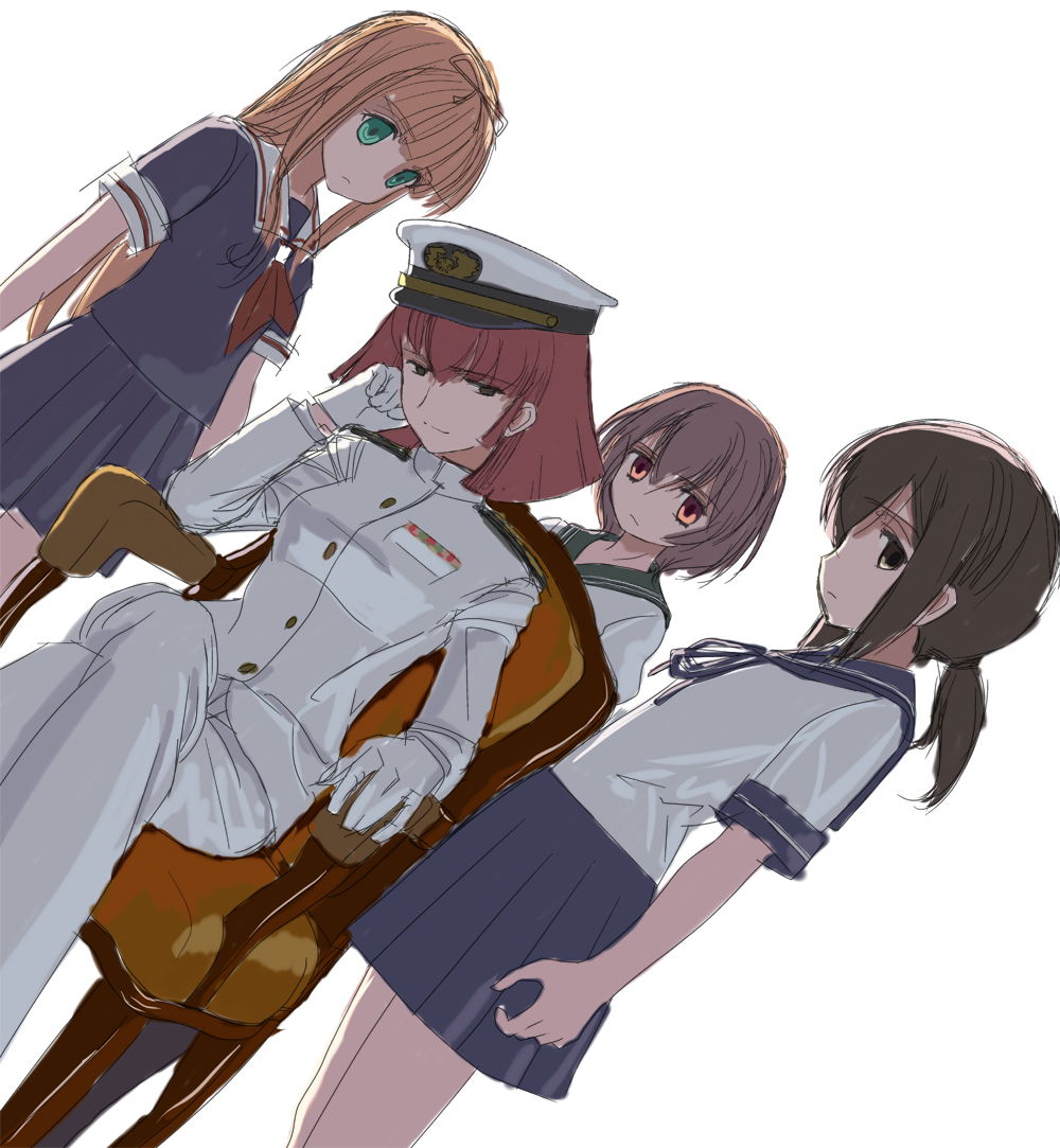 10s 4girls black_eyes black_hair blonde_hair blue_eyes brown_hair chair crossover dutch_angle female_admiral_(kancolle) fubuki_(kancolle) gloves green_eyes gundam gundam_zz hair_ribbon haman_karn hat kantai_collection long_hair low_ponytail mocha multiple_girls mutsuki_(kancolle) peaked_cap pink_hair red_eyes ribbon school_uniform serafuku short_hair sitting yuudachi_(kancolle) zeta_gundam