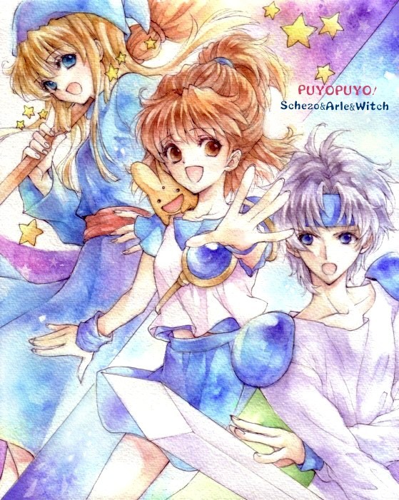 1boy 2girls :o arle_nadja blonde_hair blue_dress blue_eyes blue_skirt broom brown_eyes brown_hair carbuncle_(puyopuyo) character_name copyright_name creature dress grey_hair half_updo hat headband long_hair madou_monogatari mochineko multiple_girls puyopuyo schezo_wegey short_hair skirt smile star_(symbol) witch_(puyopuyo) witch_hat