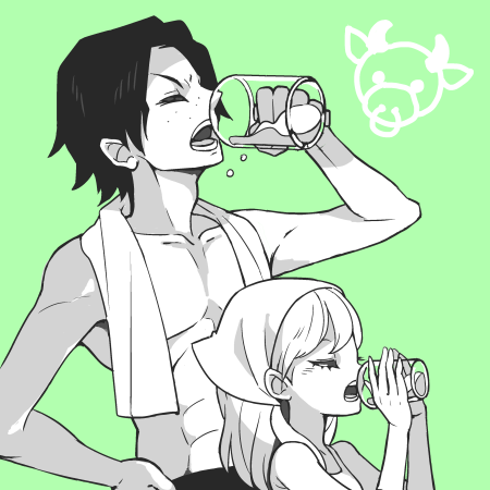 1boy 1girl closed_eyes commentary_request cow cup drinking freckles green_background greyscale_with_colored_background hand_on_own_hip head_scarf heri_(azame) holding holding_cup lowres medium_hair moda one_piece open_mouth portgas_d._ace profile shirt sleeveless sleeveless_shirt topless_male upper_body
