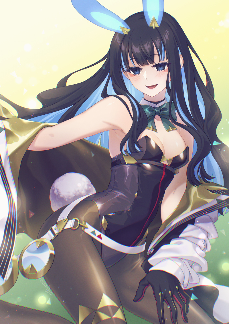 1girl animal_ears black_hair black_leotard blue_hair brown_pantyhose colored_inner_hair eyeliner fate/grand_order fate_(series) gold_jacket grey_eyes highleg highleg_leotard jacket leotard looking_at_viewer makeup multicolored_clothes multicolored_hair multicolored_jacket multicolored_leotard pantyhose playboy_bunny rabbit_ears solo tenochtitlan_(fate) tenochtitlan_(swimsuit_mooncancer)_(fate) tenochtitlan_(swimsuit_mooncancer)_(third_ascension)_(fate) two-sided_gloves two-tone_jacket white_jacket yellow_jacket zanshi