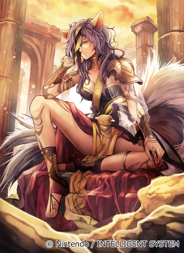 1girl animal_ears arm_guards armlet armor company_connection copyright_name eyepatch female_focus fire_emblem fire_emblem:_radiant_dawn fire_emblem_cipher jewelry long_hair looking_at_viewer nagahama_megumi nailah_(fire_emblem) nintendo official_art outdoors purple_hair sandals shoulder_armor sitting smile solo sunset tail tattoo toeless_legwear wolf_ears wolf_tail